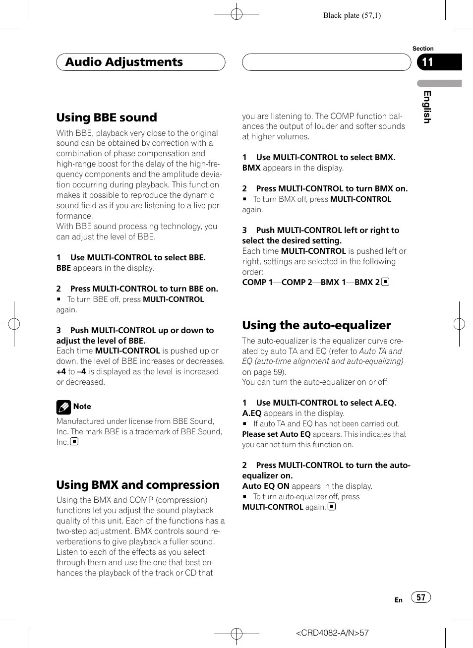 Using bbe sound, Using bmx and compression, Using the auto-equalizer | Audio adjustments | Pioneer DEH-P80RS User Manual | Page 57 / 168