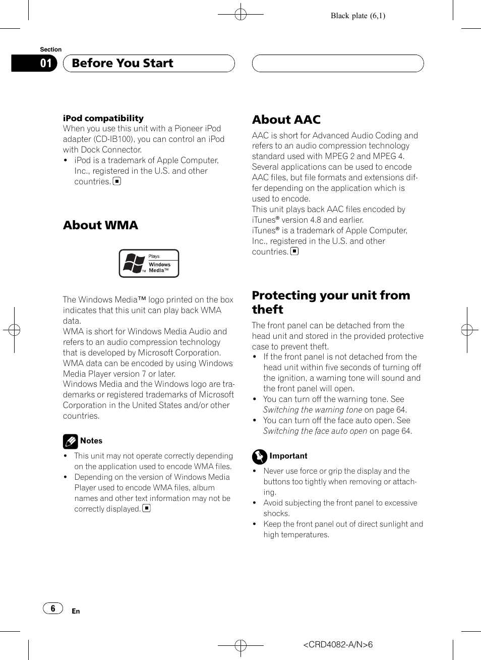 About wma, About aac, Protecting your unit from theft | Before you start | Pioneer DEH-P80RS User Manual | Page 6 / 168