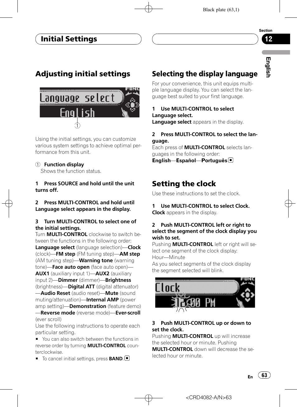 Initial settings adjusting initial settings, Selecting the display language, Setting the clock | Initial settings, Adjusting initial settings | Pioneer DEH-P80RS User Manual | Page 63 / 168
