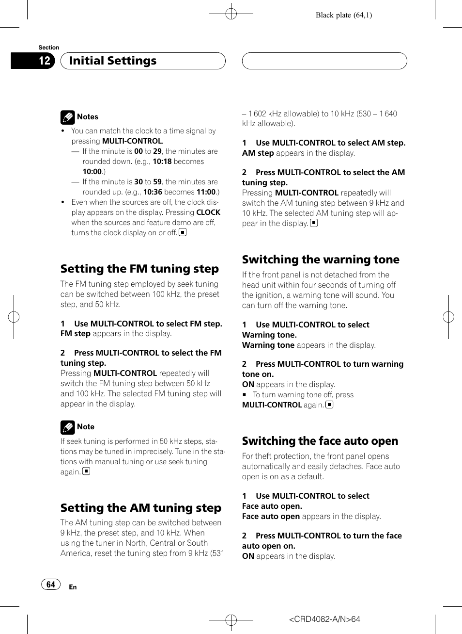 Setting the fm tuning step, Setting the am tuning step, Switching the warning tone | Switching the face auto open, Initial settings | Pioneer DEH-P80RS User Manual | Page 64 / 168