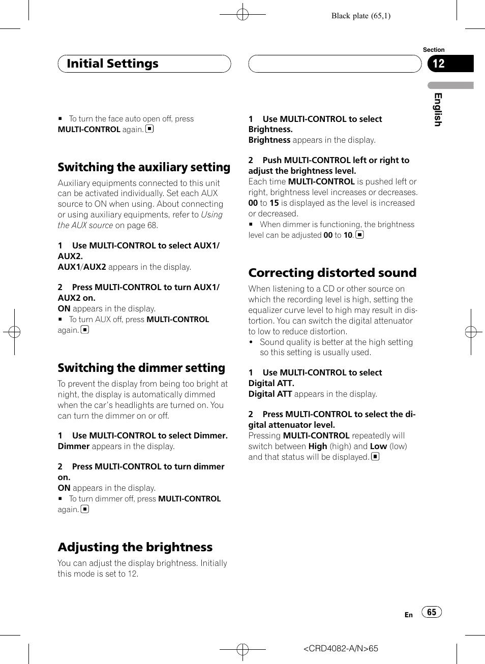 Switching the auxiliary setting, Switching the dimmer setting, Adjusting the brightness | Correcting distorted sound, Initial settings | Pioneer DEH-P80RS User Manual | Page 65 / 168