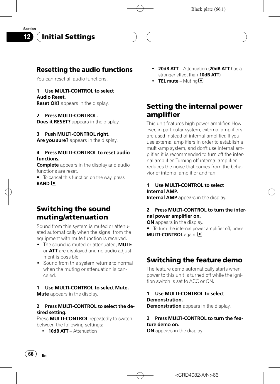 Resetting the audio functions, Switching the sound muting/attenuation, Setting the internal power amplifier | Switching the feature demo, Initial settings | Pioneer DEH-P80RS User Manual | Page 66 / 168