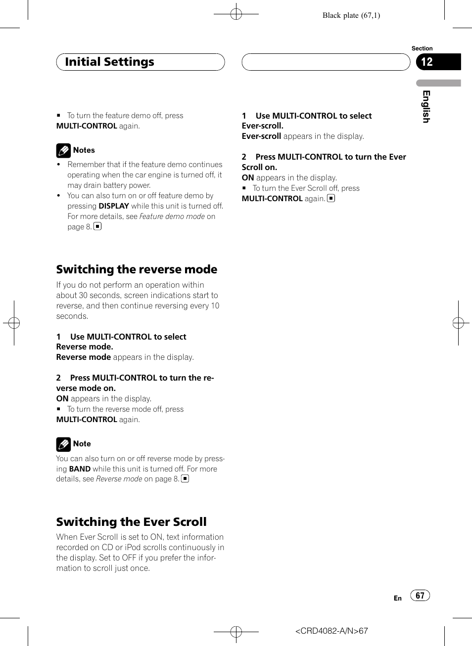 Switching the reverse mode, Switching the ever scroll, Initial settings | Pioneer DEH-P80RS User Manual | Page 67 / 168