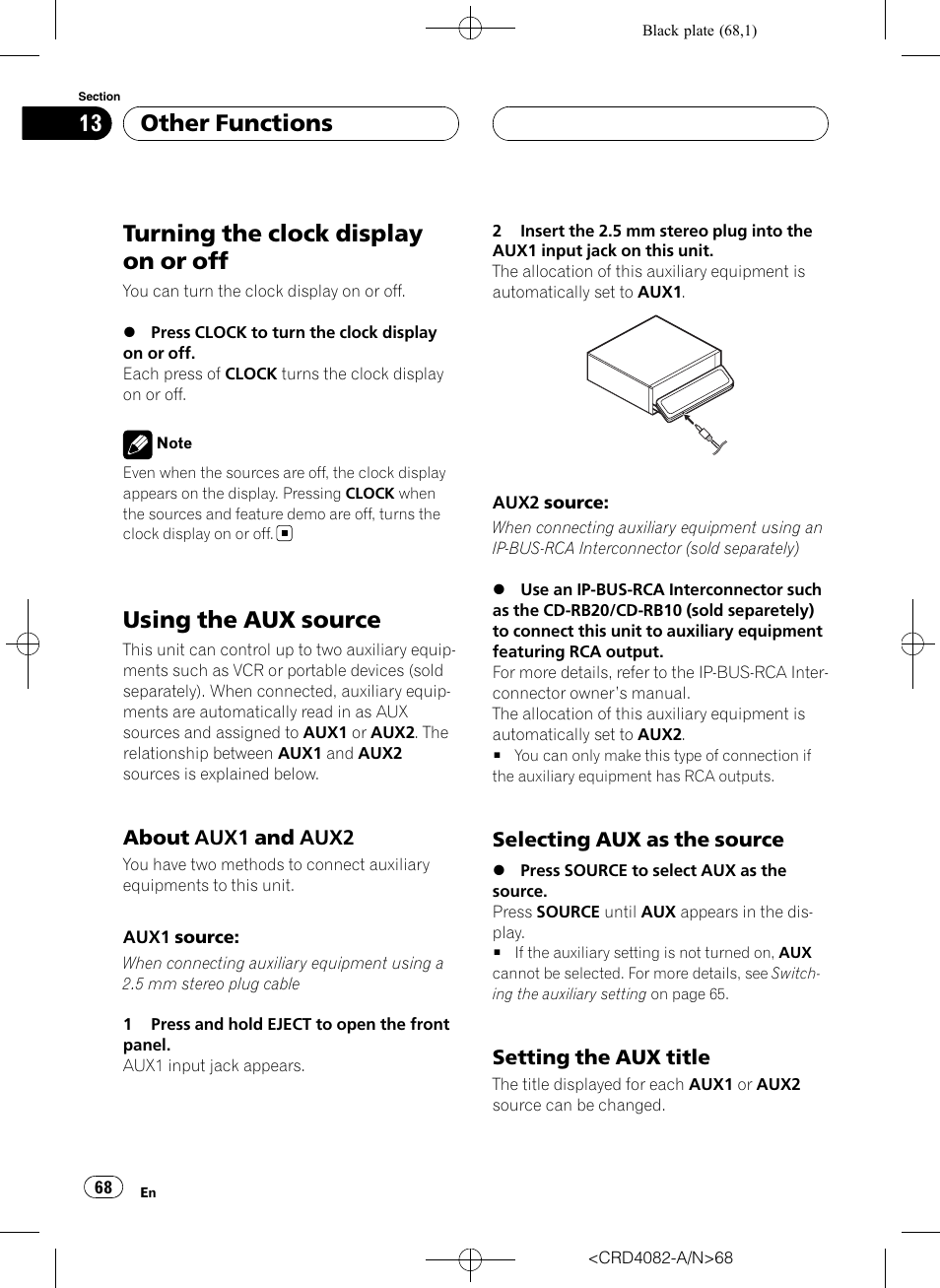 Using the aux source, About aux1 and aux2 68, Selecting aux as the source 68 | Setting the aux title 68, Turning the clock display on or off, Other functions | Pioneer DEH-P80RS User Manual | Page 68 / 168