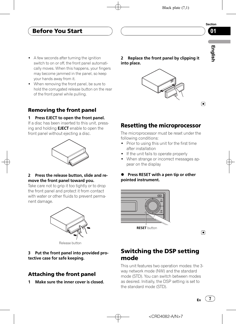 Removing the front panel 7, Attaching the front panel 7, Resetting the microprocessor | Switching the dsp setting mode, Before you start, Removing the front panel, Attaching the front panel | Pioneer DEH-P80RS User Manual | Page 7 / 168