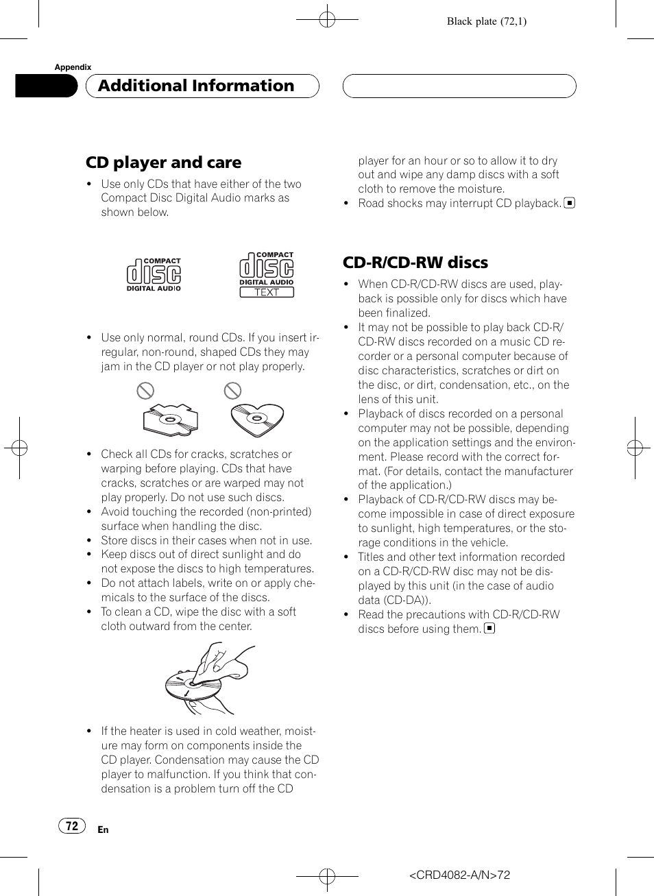 Cd player and care, Cd-r/cd-rw discs, Additional information | Pioneer DEH-P80RS User Manual | Page 72 / 168