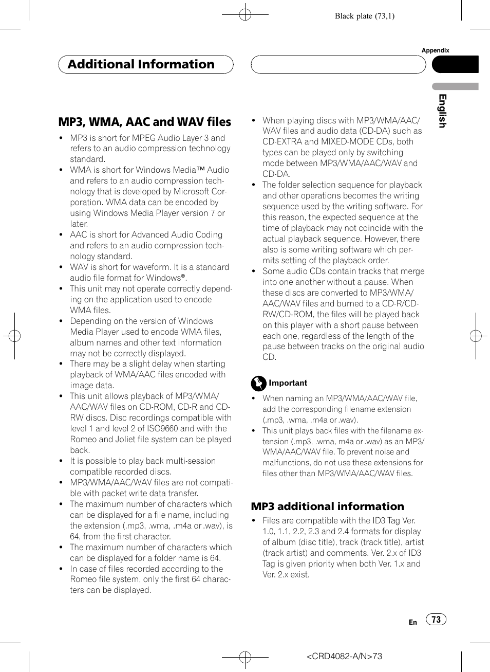 Mp3, wma, aac and wav files, Mp3 additional information 73, Additional information | Mp3 additional information | Pioneer DEH-P80RS User Manual | Page 73 / 168