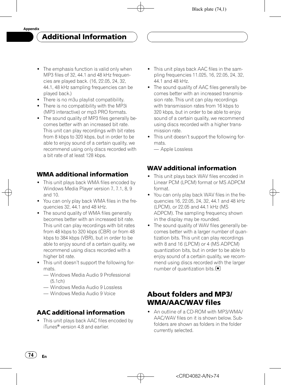 Wma additional information 74, Aac additional information 74, Wav additional information 74 | About folders and mp3/wma/aac/wav, Files, About folders and mp3/ wma/aac/wav files, Additional information, Wma additional information, Aac additional information, Wav additional information | Pioneer DEH-P80RS User Manual | Page 74 / 168