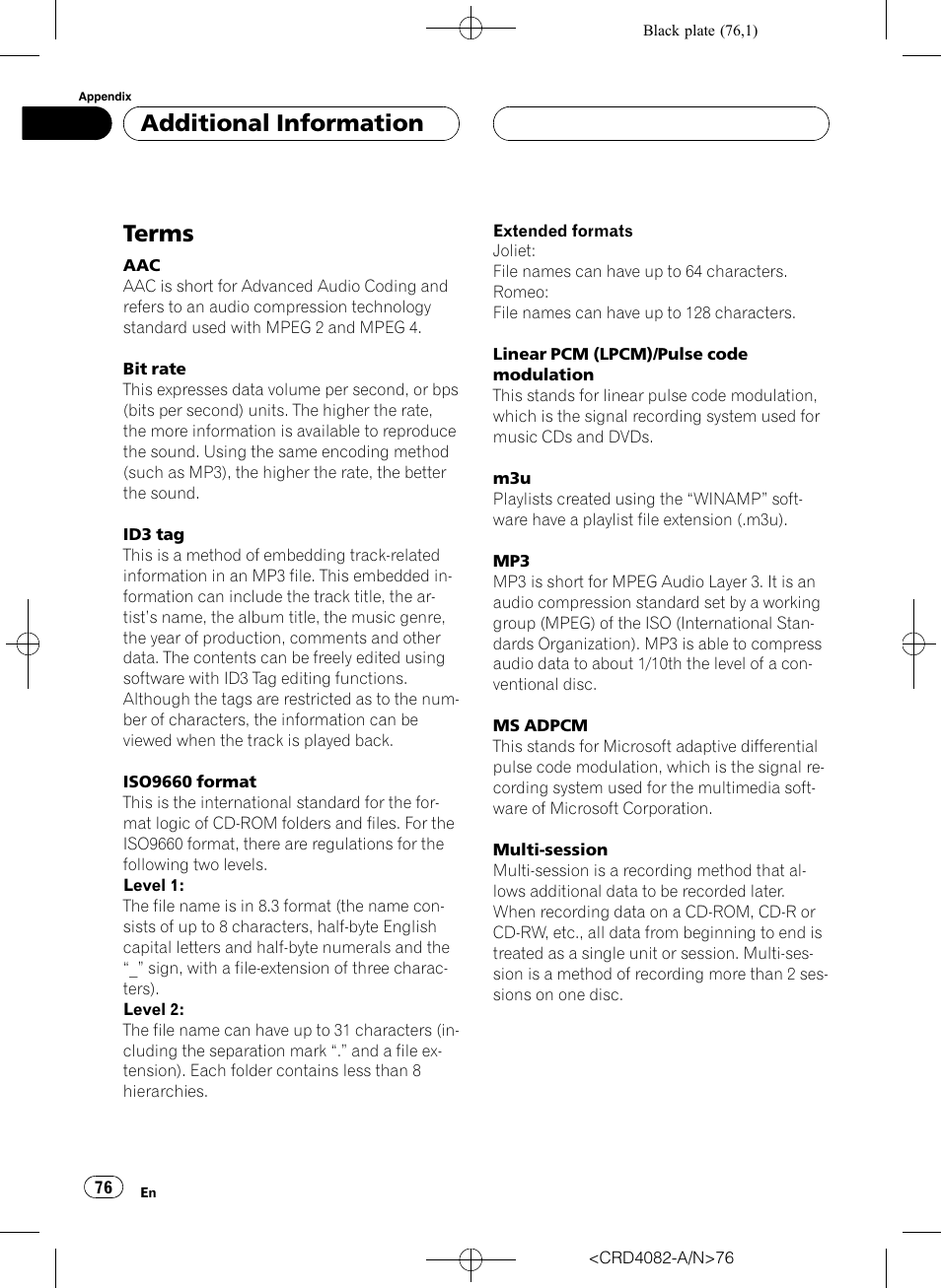 Terms, Additional information | Pioneer DEH-P80RS User Manual | Page 76 / 168