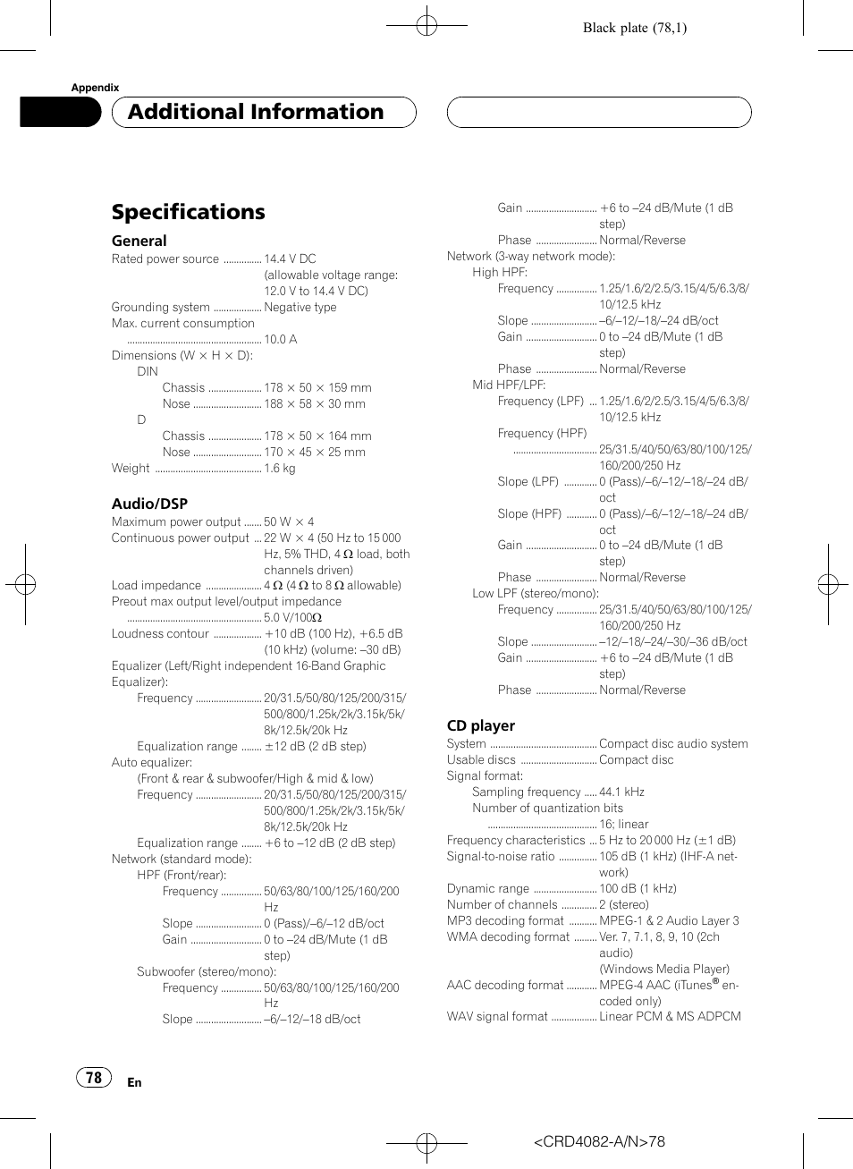 Specifications, Additional information | Pioneer DEH-P80RS User Manual | Page 78 / 168