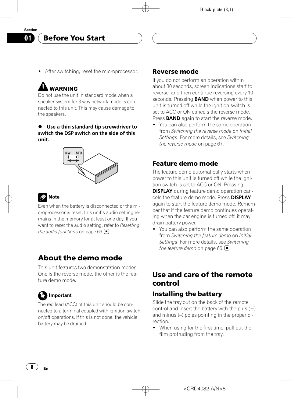 About the demo mode, Reverse mode 8, Feature demo mode 8 | Use and care of the remote control, Installing the battery 8, Before you start | Pioneer DEH-P80RS User Manual | Page 8 / 168