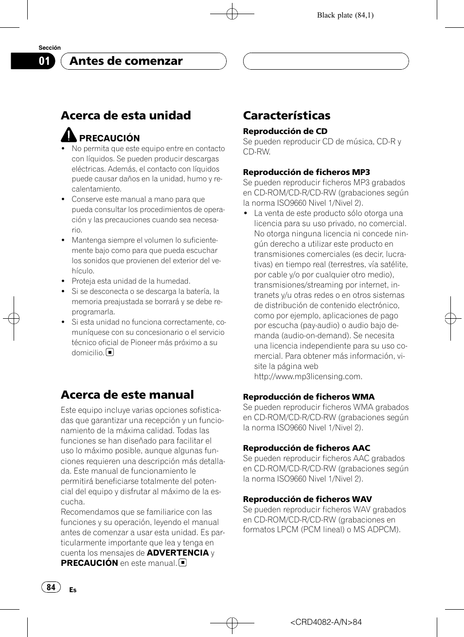 Antes de comenzar, Acerca de esta unidad, Acerca de este manual | Características | Pioneer DEH-P80RS User Manual | Page 84 / 168