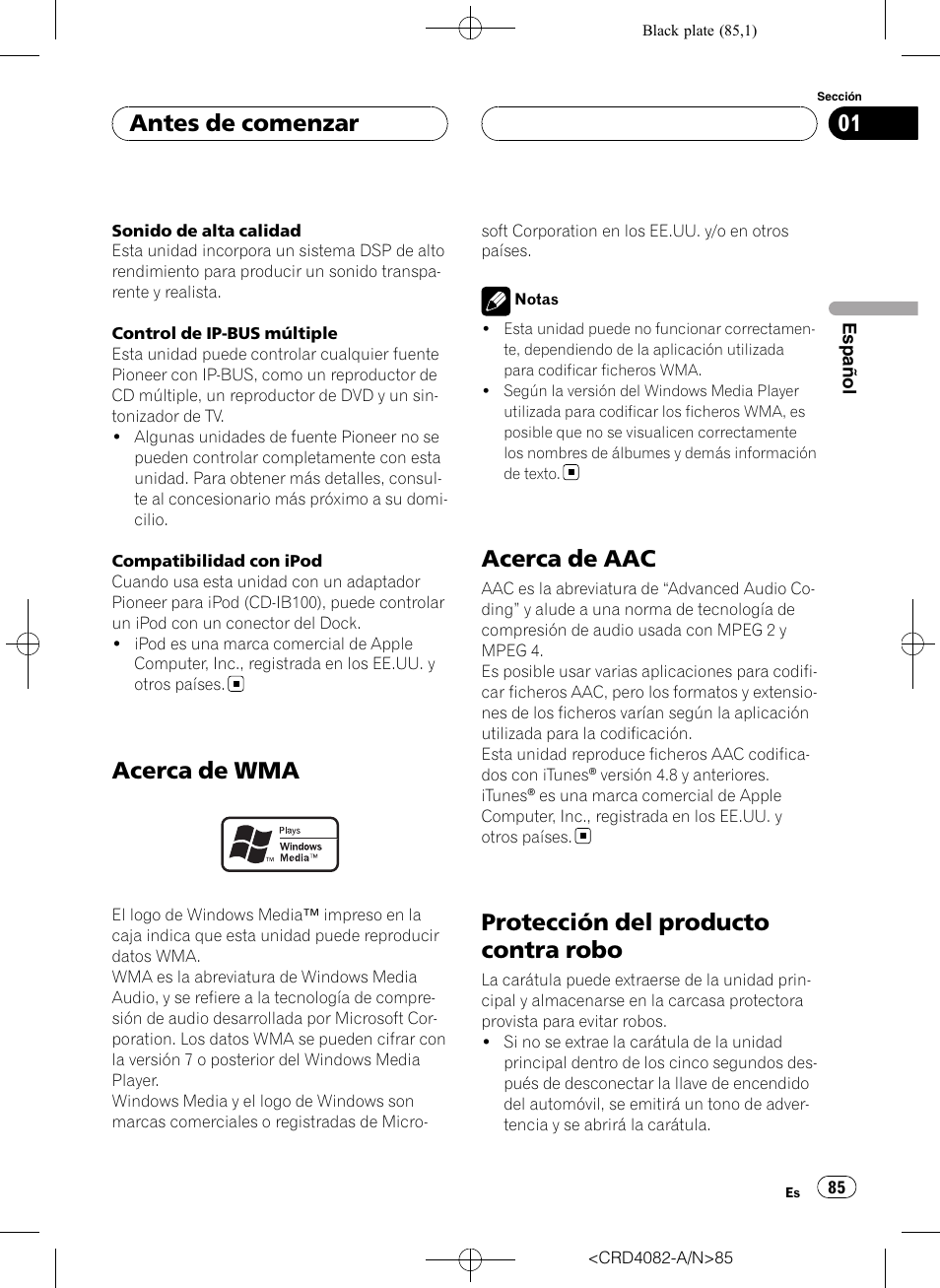 Acerca de wma, Acerca de aac, Protección del producto contra robo | Antes de comenzar | Pioneer DEH-P80RS User Manual | Page 85 / 168