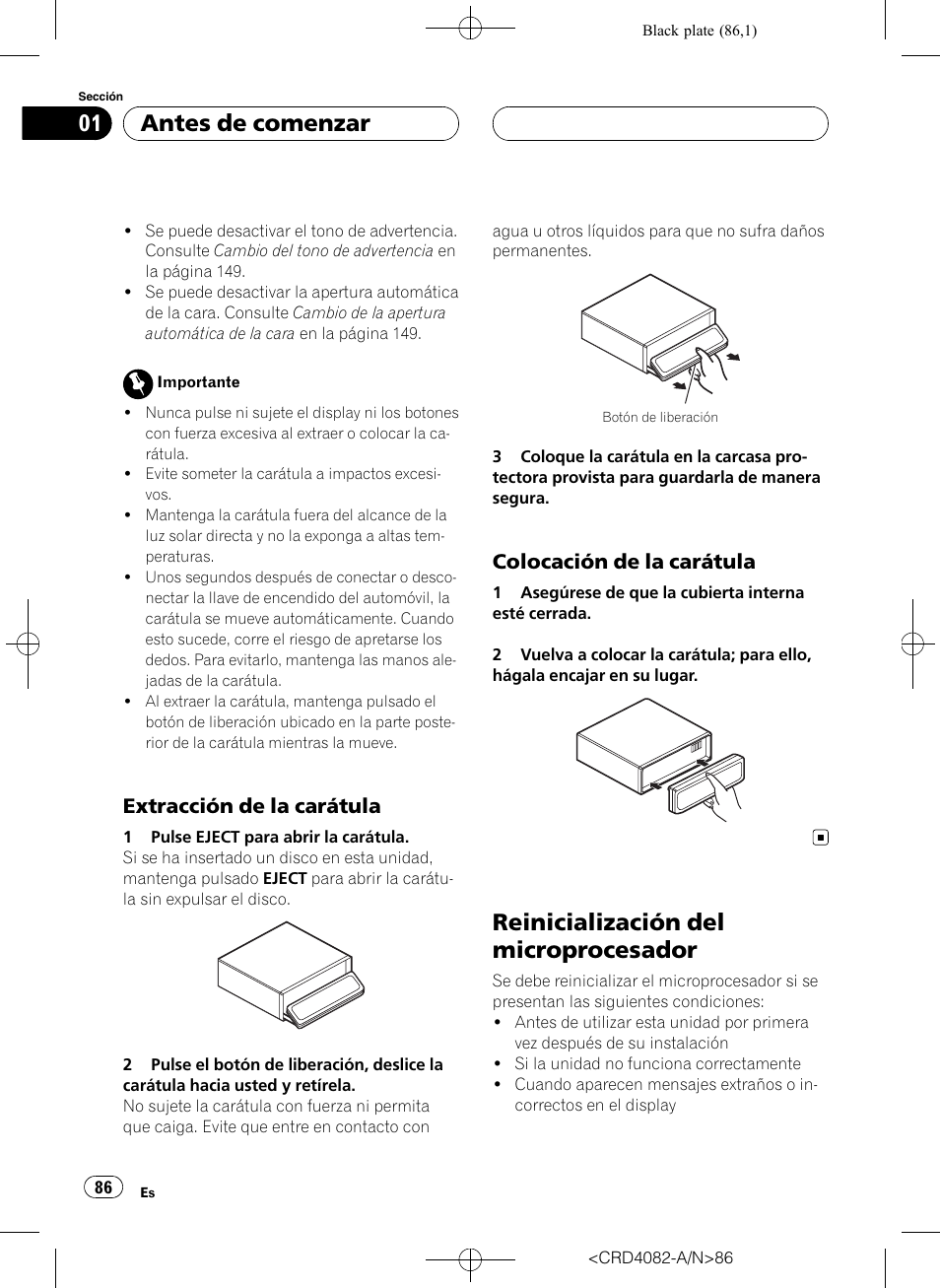 Extracción de la carátula 86, Colocación de la carátula 86, Reinicialización del microprocesador | Antes de comenzar, Extracción de la carátula, Colocación de la carátula | Pioneer DEH-P80RS User Manual | Page 86 / 168