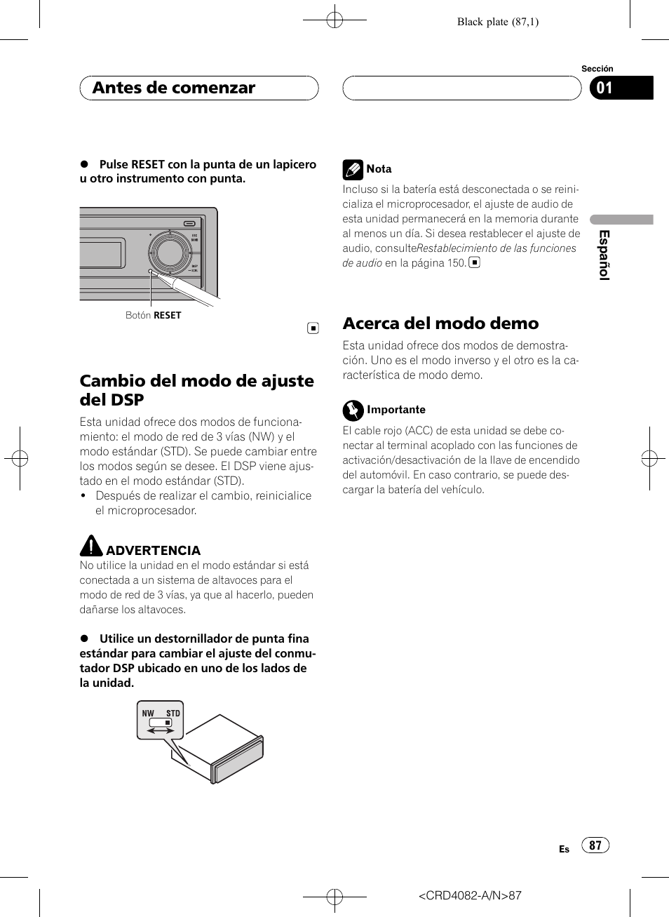 Cambio del modo de ajuste del dsp, Acerca del modo demo, Antes de comenzar | Pioneer DEH-P80RS User Manual | Page 87 / 168