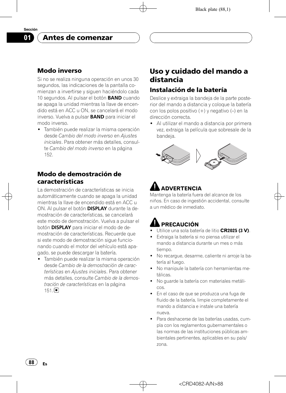 Modo inverso 88, Modo de demostración de, Características | Uso y cuidado del mando a distancia, Instalación de la batería 88, Antes de comenzar, Modo inverso, Modo de demostración de características, Instalación de la batería | Pioneer DEH-P80RS User Manual | Page 88 / 168