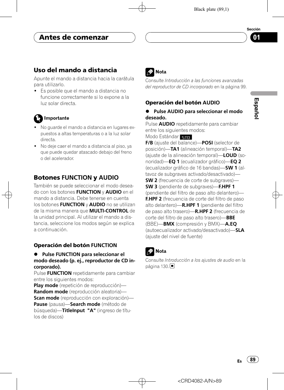 Uso del mando a distancia 89, Botones function y audio 89, Antes de comenzar | Uso del mando a distancia, Botones function y audio | Pioneer DEH-P80RS User Manual | Page 89 / 168