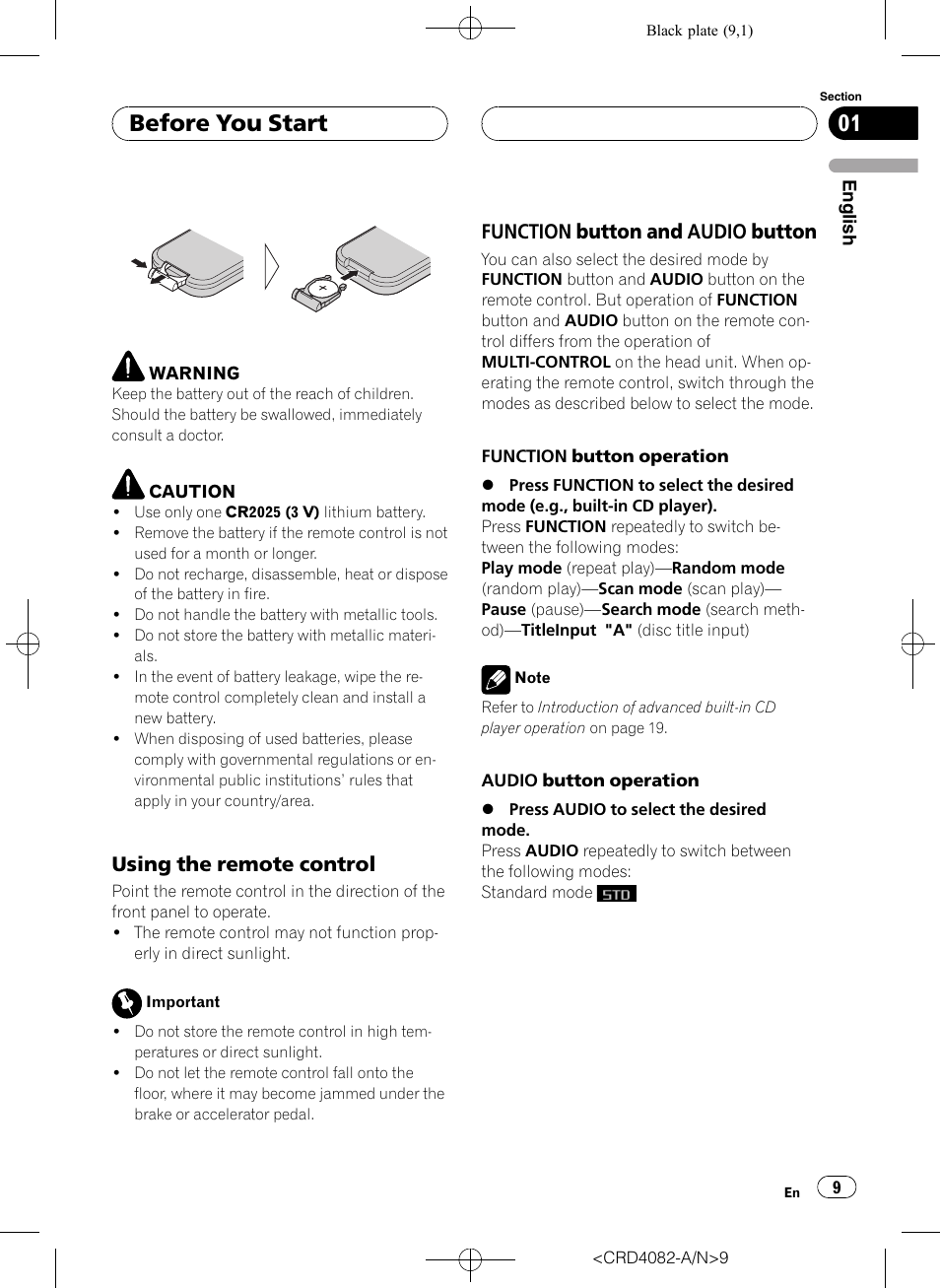 Using the remote control 9, Function button and audio, Button | Before you start, Using the remote control, Function button and audio button | Pioneer DEH-P80RS User Manual | Page 9 / 168