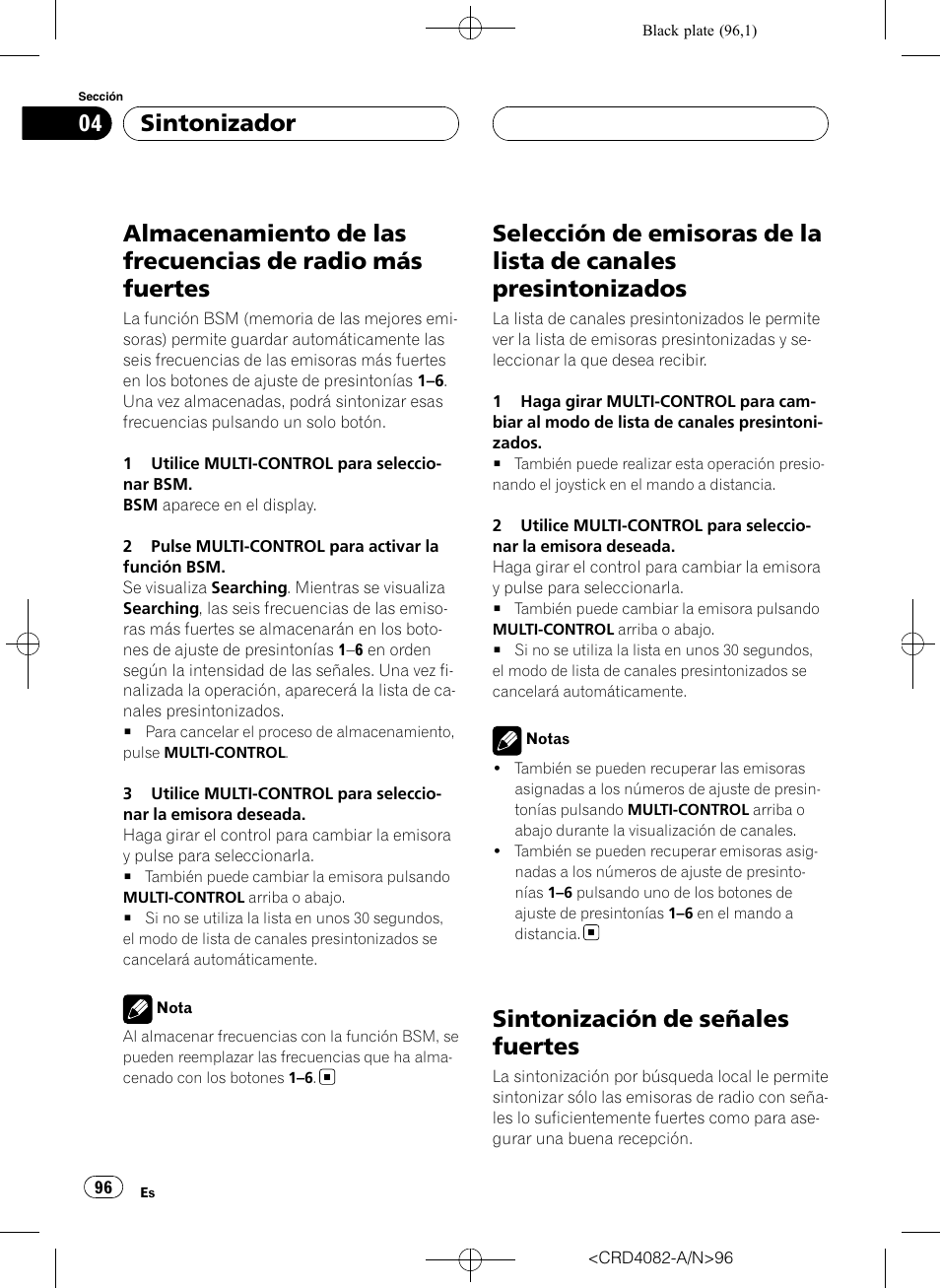 Almacenamiento de las frecuencias de radio, Más fuertes, Selección de emisoras de la lista de canales | Presintonizados, Sintonización de señales fuertes, Sintonizador | Pioneer DEH-P80RS User Manual | Page 96 / 168