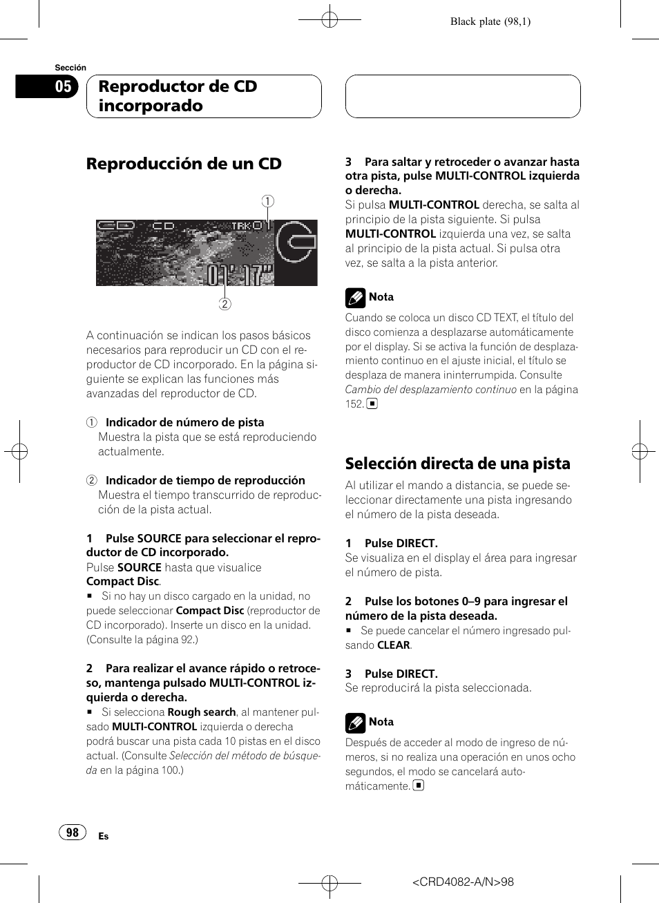 Selección directa de una pista, Reproducción de un cd, Reproductor de cd incorporado | Pioneer DEH-P80RS User Manual | Page 98 / 168