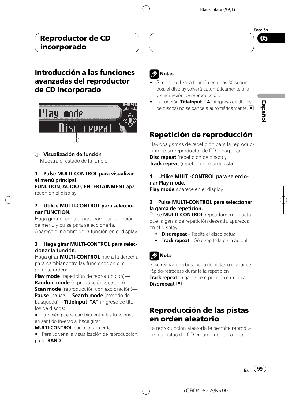 Introducción a las funciones avanzadas del, Reproductor de cd incorporado, Repetición de reproducción | Reproducción de las pistas en orden, Aleatorio, Reproducción de las pistas en orden aleatorio | Pioneer DEH-P80RS User Manual | Page 99 / 168