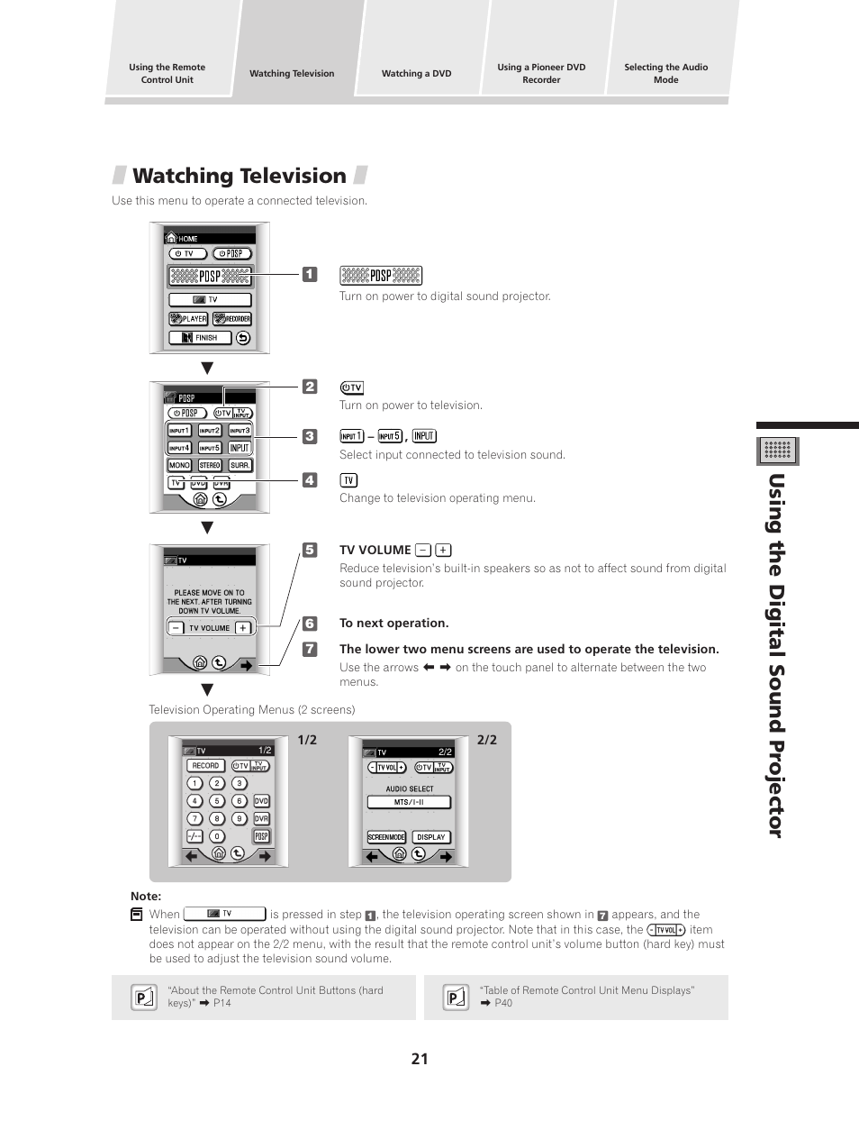 Watching television, Using the digital sound pr ojector | Pioneer PDSP-1 User Manual | Page 21 / 44