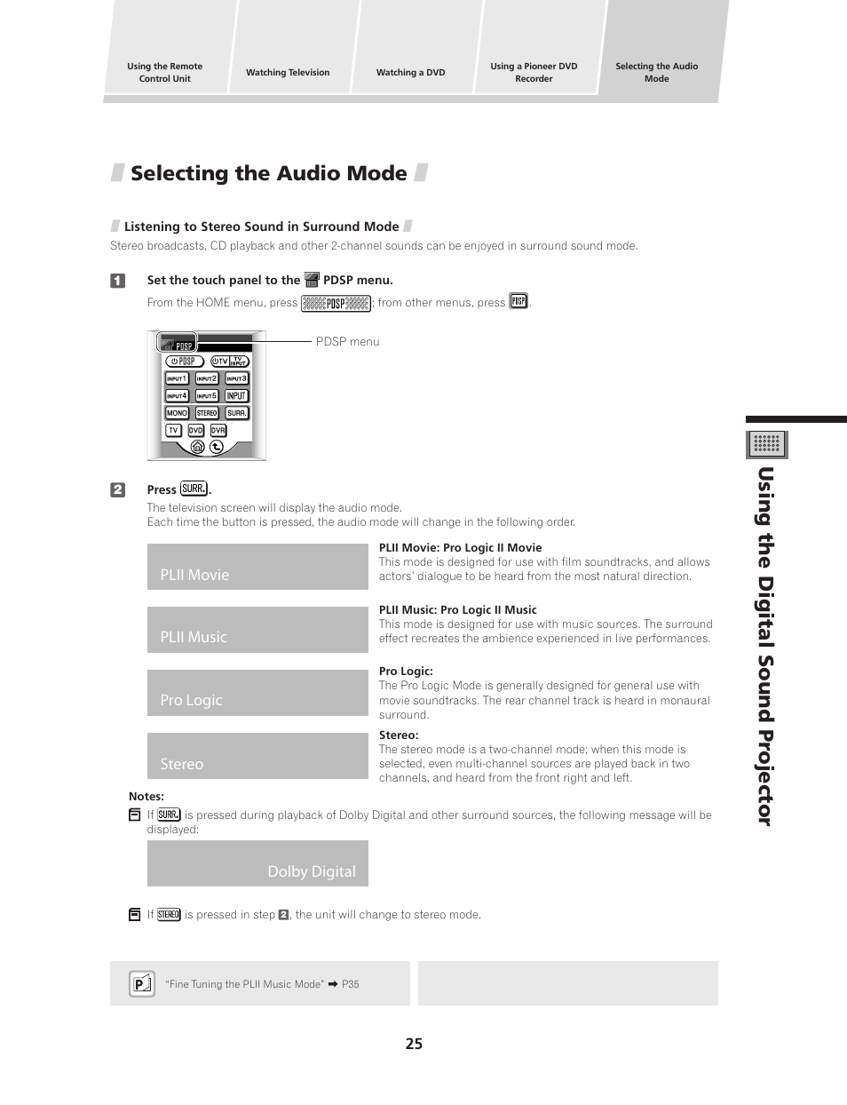 Selecting the audio mode, Listening to stereo sound in surround mode, Using the digital sound pr ojector | Pioneer PDSP-1 User Manual | Page 25 / 44