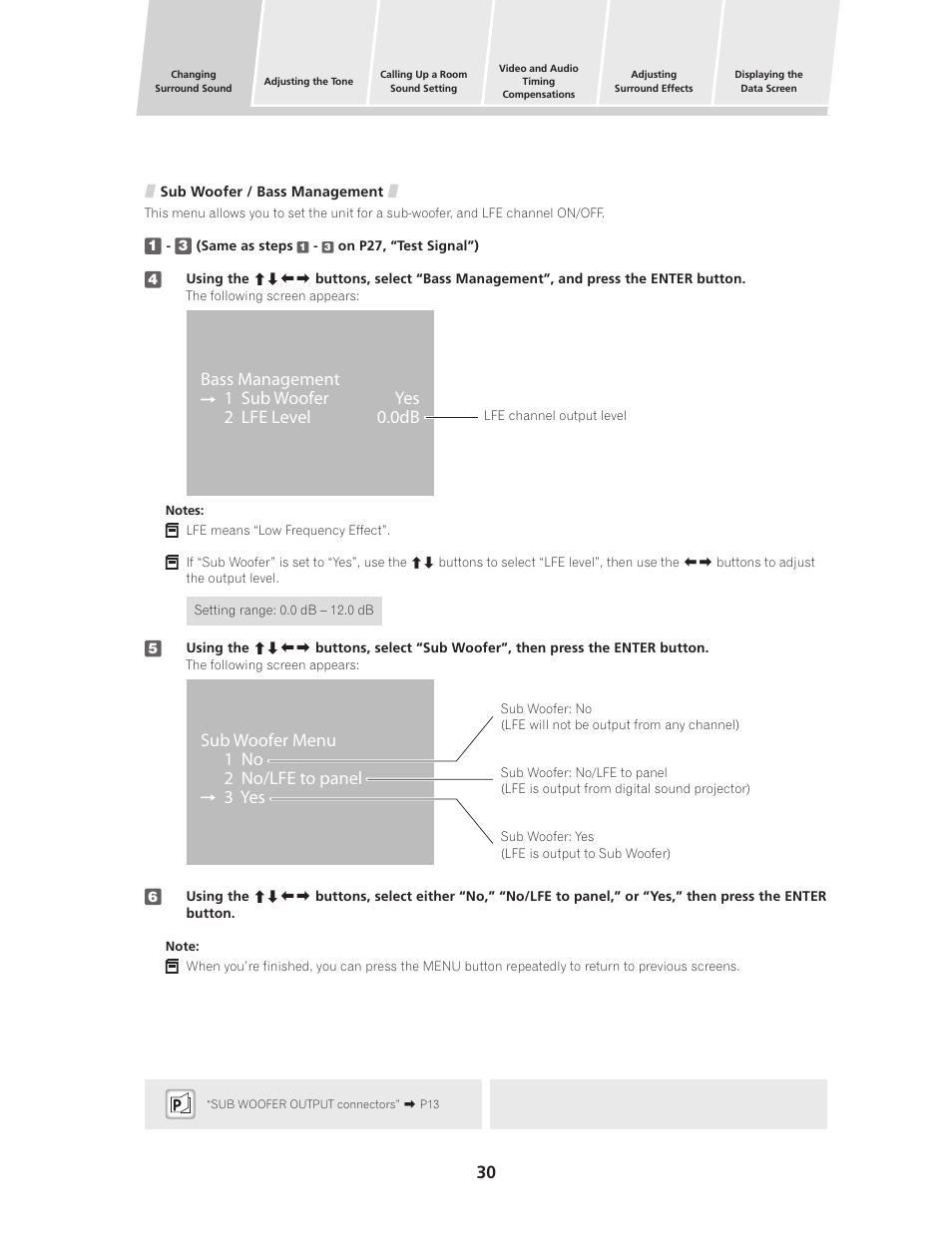Bass management 1 sub woofer yes 2 lfe level 0.0db, Sub woofer menu 1 no 2 no/lfe to panel 3 yes | Pioneer PDSP-1 User Manual | Page 30 / 44