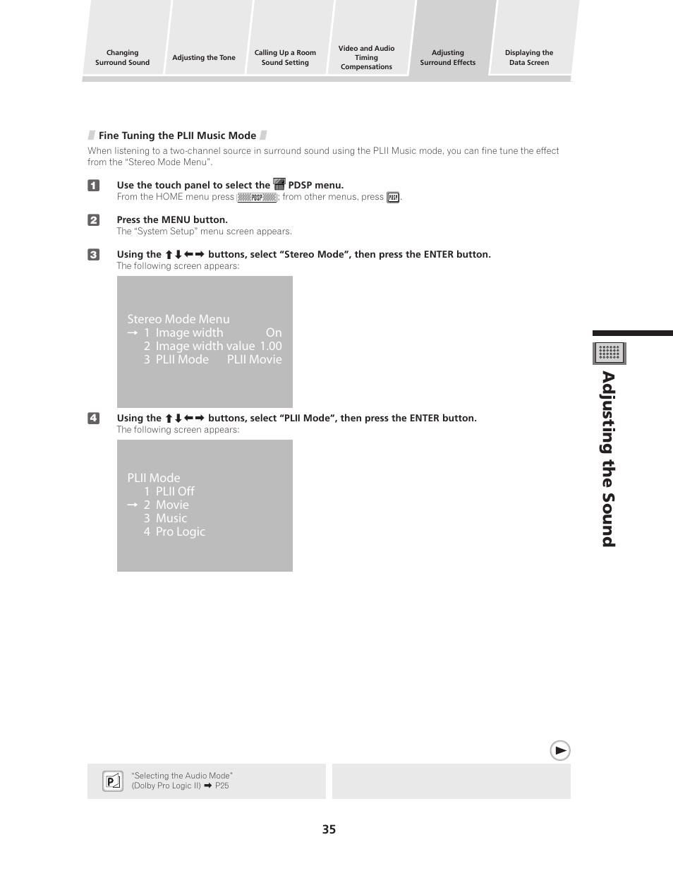 Adjusting the sound, Plii mode 1 plii off 2 movie 3 music 4 pro logic | Pioneer PDSP-1 User Manual | Page 35 / 44