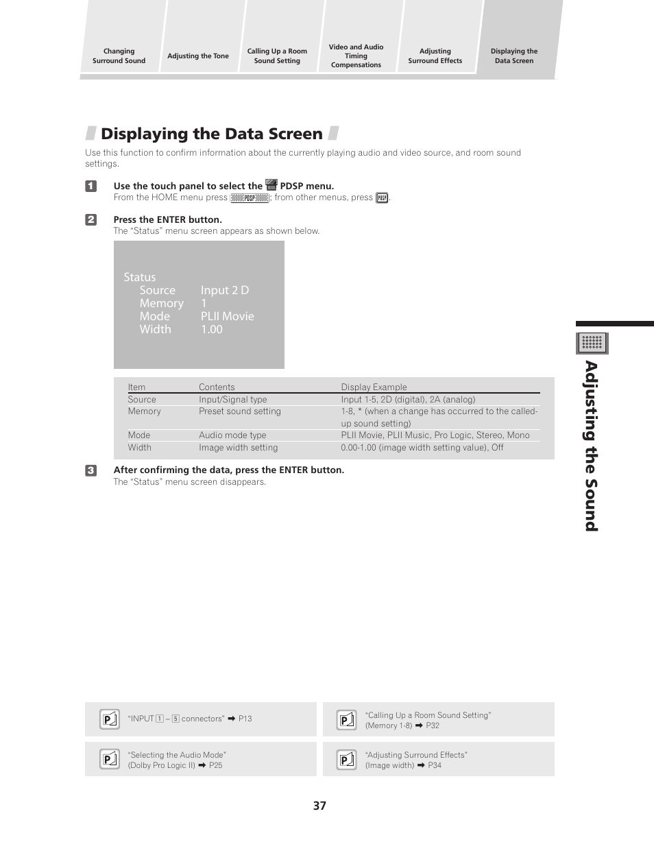 Displaying the data screen, Adjusting the sound | Pioneer PDSP-1 User Manual | Page 37 / 44