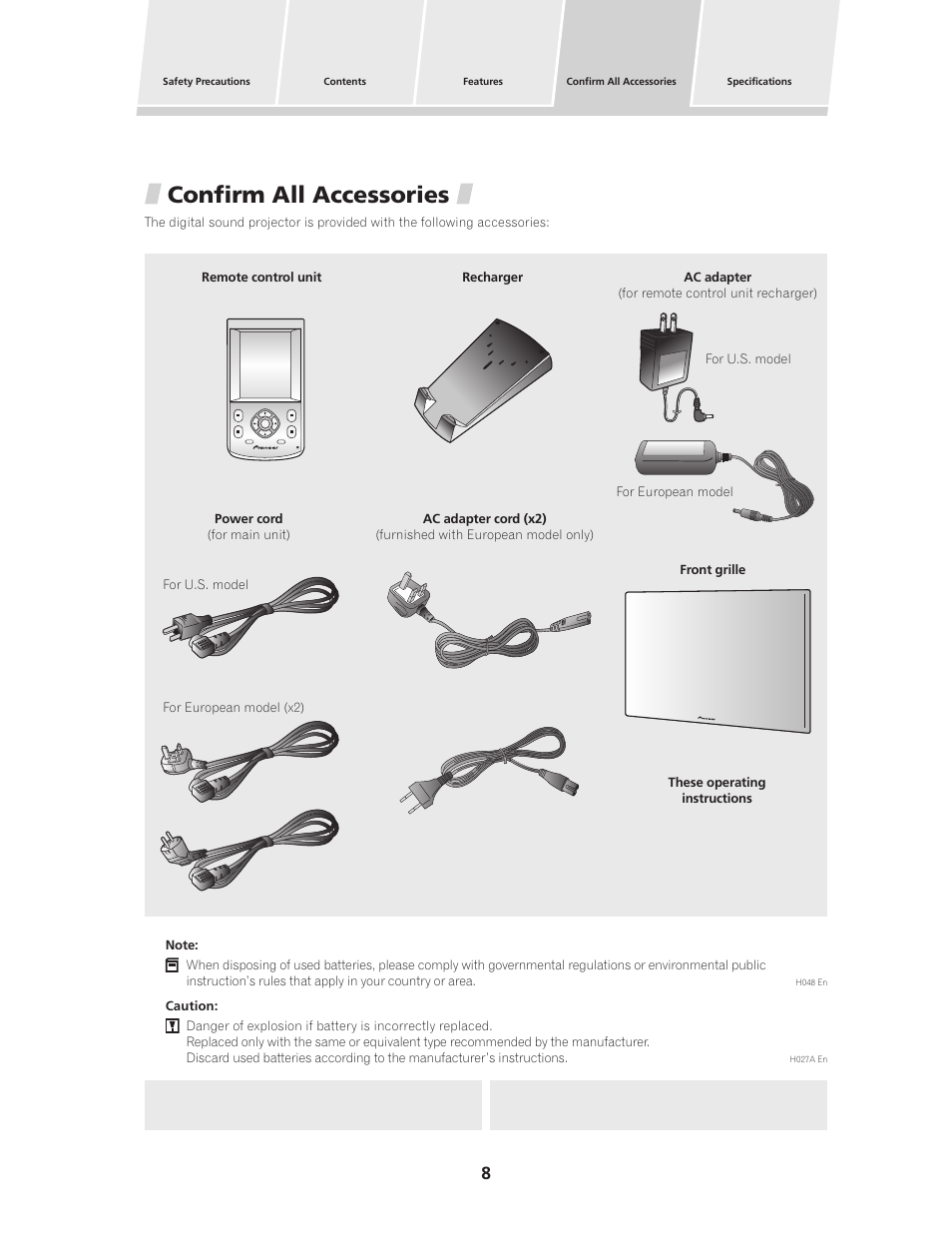 Confirm all accessories | Pioneer PDSP-1 User Manual | Page 8 / 44