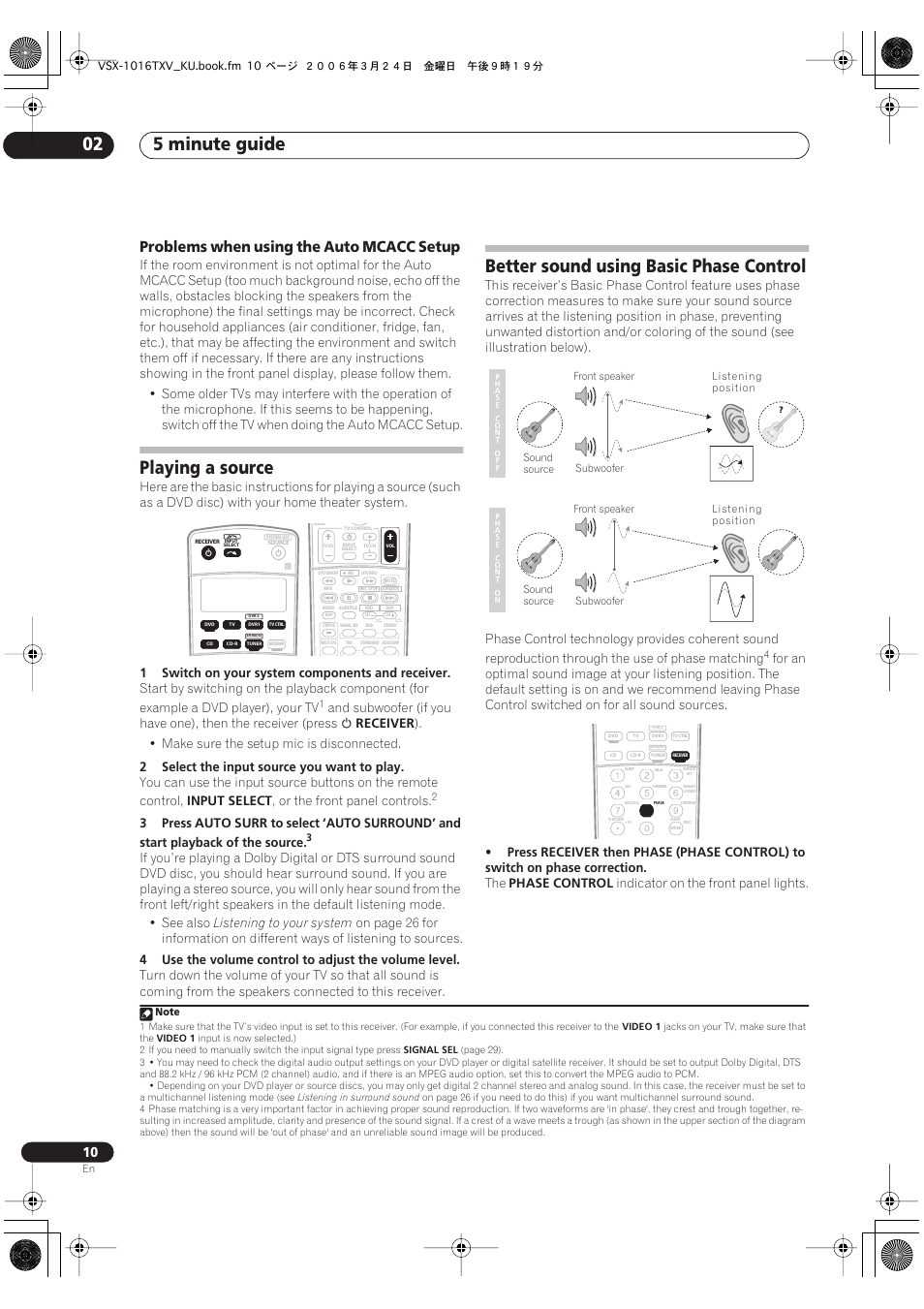 Problems when using the auto mcacc setup, 5 minute guide 02, Playing a source | Better sound using basic phase control | Pioneer VSX-1016TXV-K User Manual | Page 10 / 68