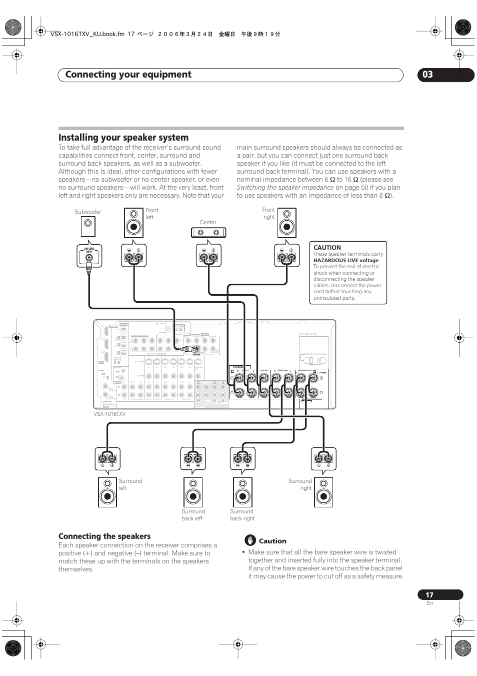 Installing your speaker system, Connecting the speakers, Connecting your equipment 03 | Please see, Switching the speaker impedance, Caution, Subwoofer | Pioneer VSX-1016TXV-K User Manual | Page 17 / 68