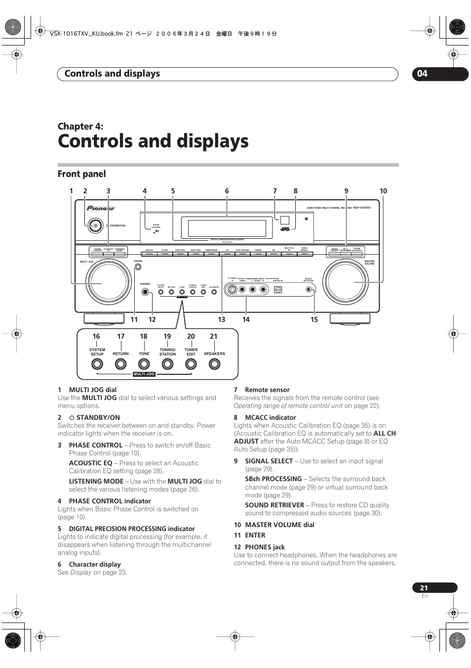 04 controls and displays, Front panel, Controls and displays | Controls and displays 04, Chapter 4 | Pioneer VSX-1016TXV-K User Manual | Page 21 / 68