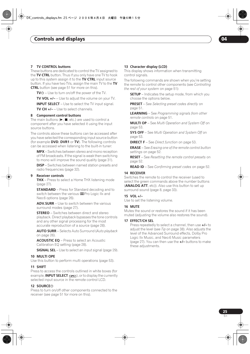 Controls and displays 04 | Pioneer VSX-1016TXV-K User Manual | Page 25 / 68