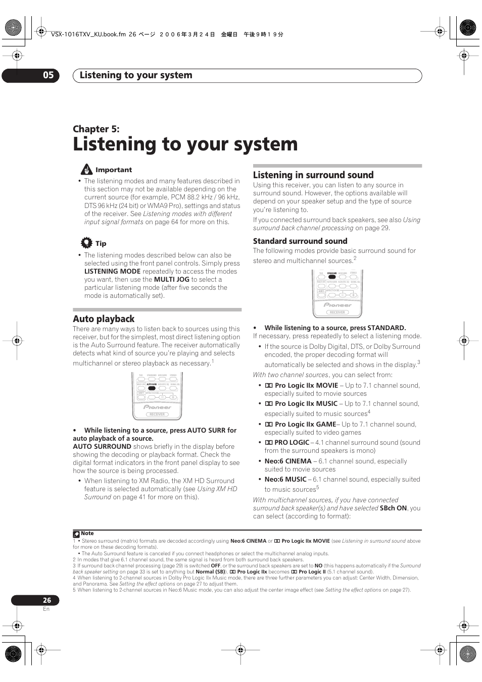 05 listening to your system, Auto playback listening in surround sound, Standard surround sound | Listening to your system, Listening to your system 05, Chapter 5, Auto playback, Listening in surround sound | Pioneer VSX-1016TXV-K User Manual | Page 26 / 68