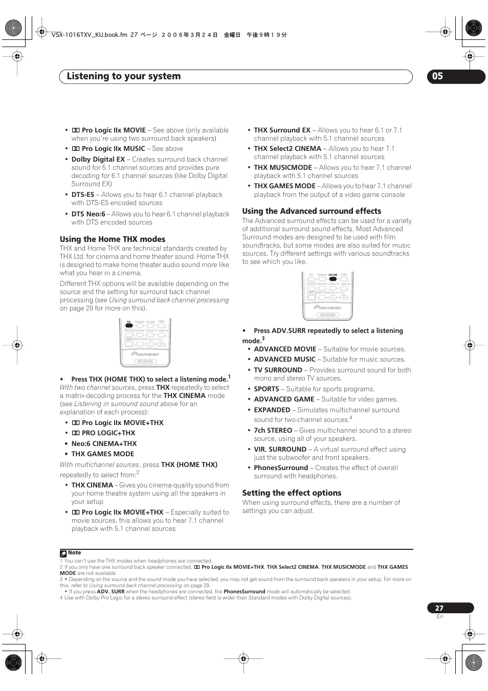 Listening to your system 05, Using the home thx modes, Using the advanced surround effects | Setting the effect options | Pioneer VSX-1016TXV-K User Manual | Page 27 / 68