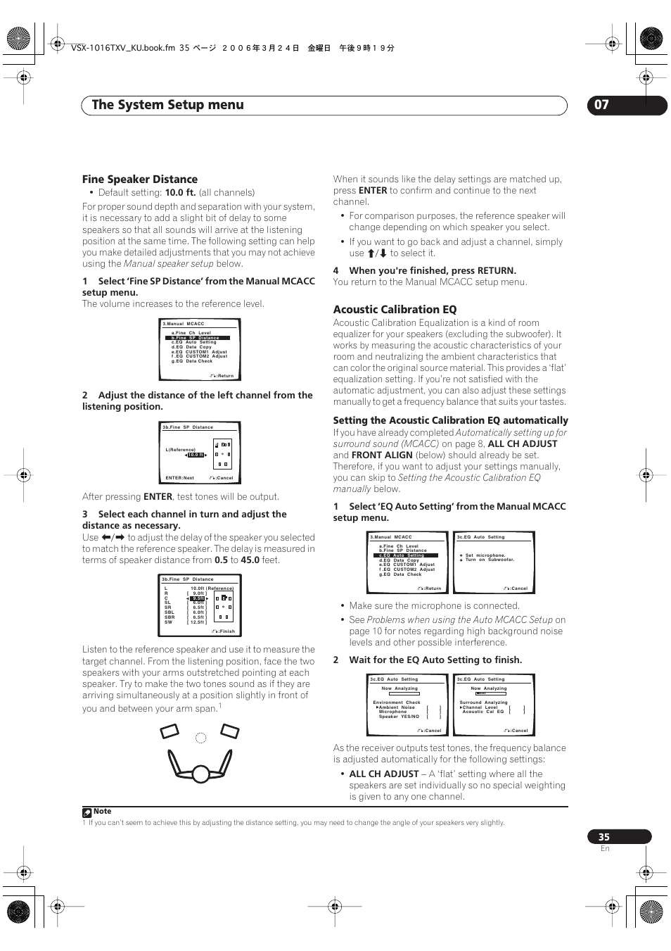 Fine speaker distance acoustic calibration eq, The system setup menu 07, Fine speaker distance | Acoustic calibration eq | Pioneer VSX-1016TXV-K User Manual | Page 35 / 68