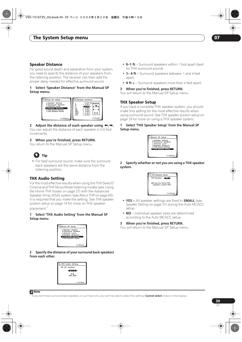 The system setup menu 07, Speaker distance, Thx audio setting | Thx speaker setup | Pioneer VSX-1016TXV-K User Manual | Page 39 / 68