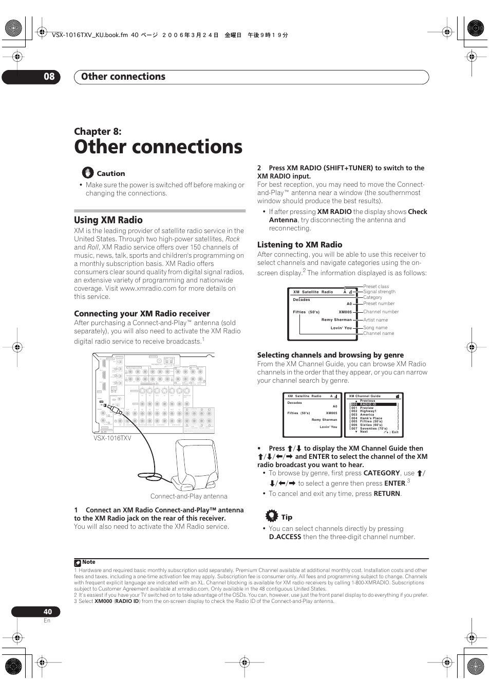 08 other connections, Using xm radio, Other connections | Other connections 08, Chapter 8, Connecting your xm radio receiver, Listening to xm radio, Selecting channels and browsing by genre, Caution, Rock | Pioneer VSX-1016TXV-K User Manual | Page 40 / 68