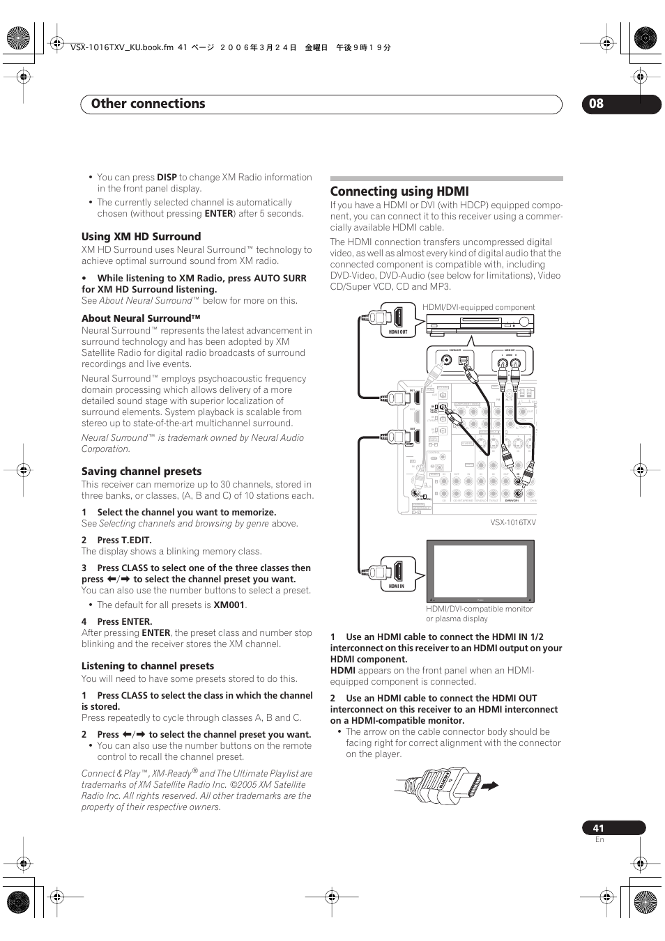 Using xm hd surround saving channel presets, Connecting using hdmi, Other connections 08 | Using xm hd surround, Saving channel presets, Listening to channel presets, You can press, Disp, Enter, After 5 seconds | Pioneer VSX-1016TXV-K User Manual | Page 41 / 68