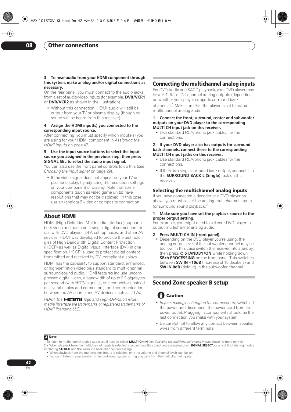 Selecting the multichannel analog inputs, Second zone speaker b setup, Other connections 08 | About hdmi, Connecting the multichannel analog inputs | Pioneer VSX-1016TXV-K User Manual | Page 42 / 68