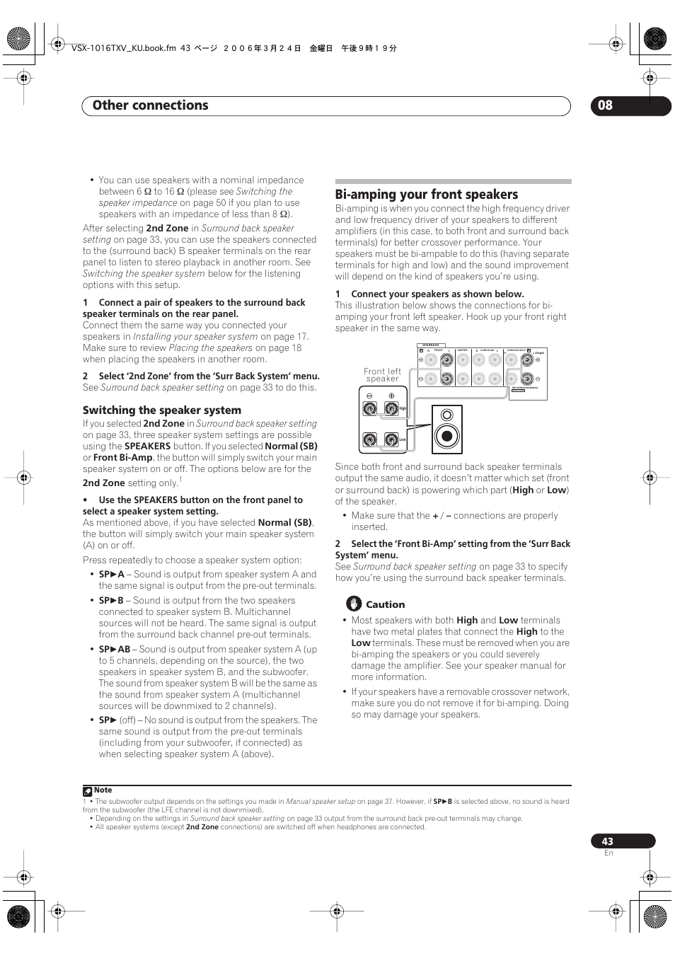 Switching the speaker system, Bi-amping your front speakers, Other connections 08 | Pioneer VSX-1016TXV-K User Manual | Page 43 / 68