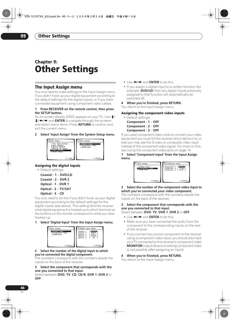09 other settings, The input assign menu, Other settings | Other settings 09, Chapter 9 | Pioneer VSX-1016TXV-K User Manual | Page 46 / 68