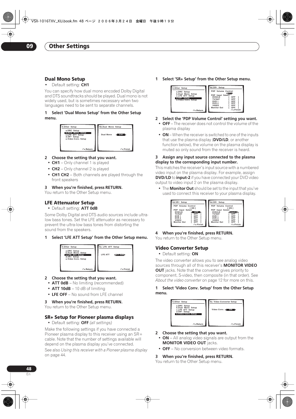 Other settings 09, Dual mono setup, Lfe attenuator setup | Sr+ setup for pioneer plasma displays, Video converter setup | Pioneer VSX-1016TXV-K User Manual | Page 48 / 68