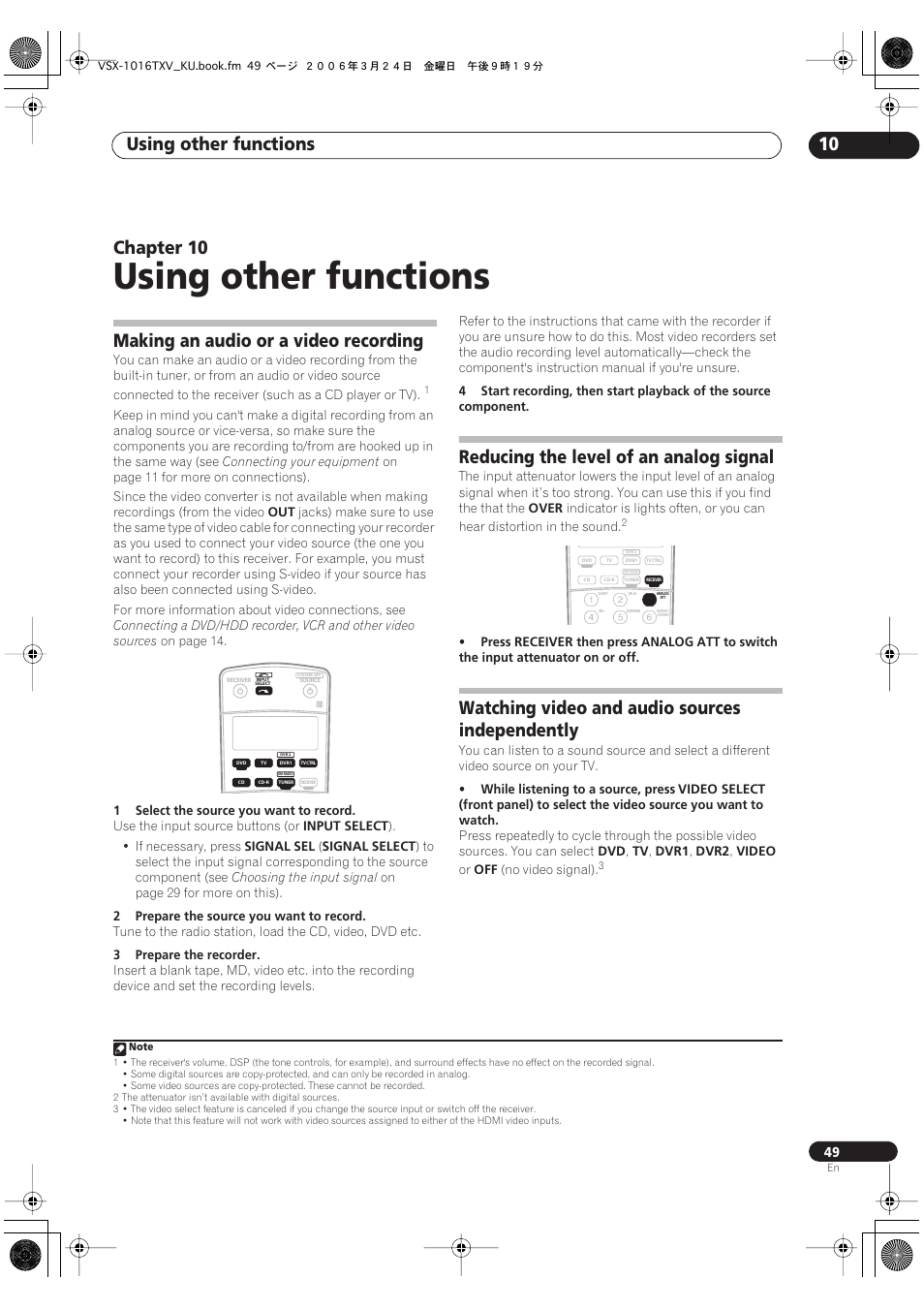 10 using other functions, Using other functions, Using other functions 10 | Chapter 10, Making an audio or a video recording, Reducing the level of an analog signal, Watching video and audio sources independently | Pioneer VSX-1016TXV-K User Manual | Page 49 / 68