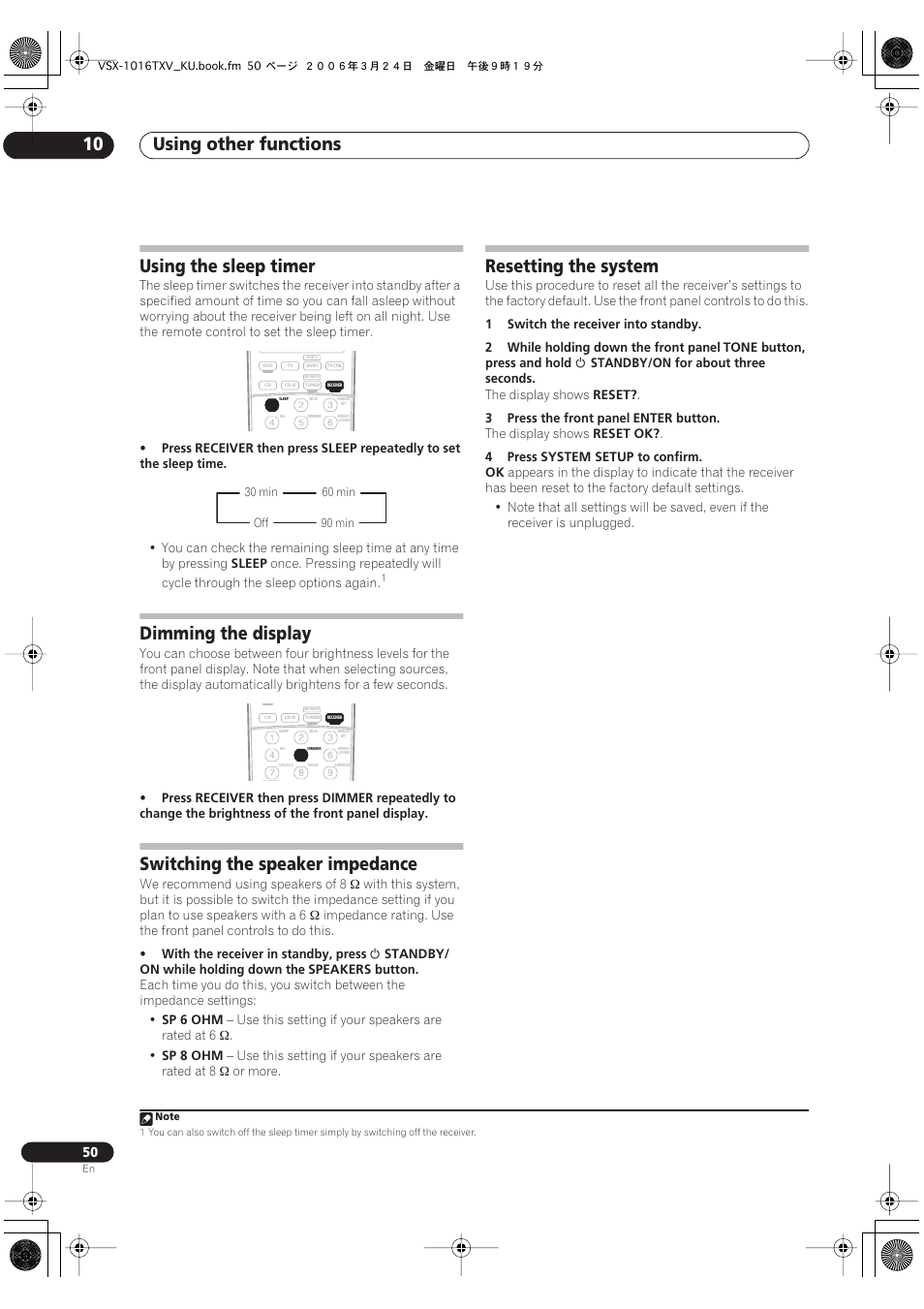 Using other functions 10, Using the sleep timer, Dimming the display | Switching the speaker impedance, Resetting the system | Pioneer VSX-1016TXV-K User Manual | Page 50 / 68