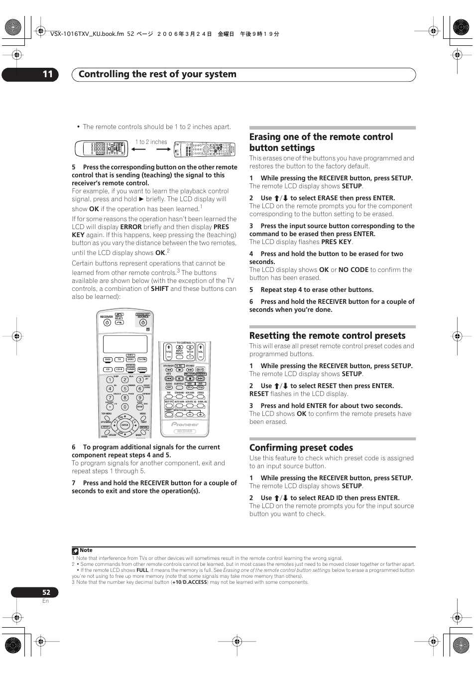 Controlling the rest of your system 11, Erasing one of the remote control button settings, Resetting the remote control presets | Confirming preset codes | Pioneer VSX-1016TXV-K User Manual | Page 52 / 68