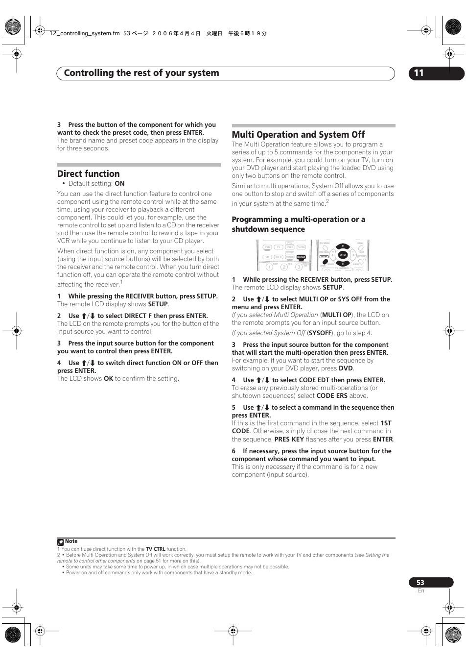 Direct function multi operation and system off, Controlling the rest of your system 11, Direct function | Multi operation and system off | Pioneer VSX-1016TXV-K User Manual | Page 53 / 68