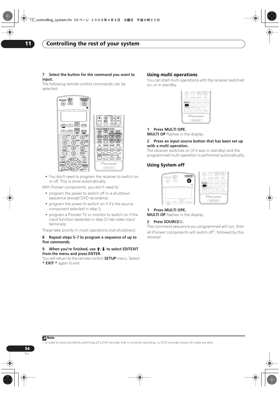 Using multi operations using system off, Controlling the rest of your system 11, Using multi operations | Using system off, Followed by this receiver | Pioneer VSX-1016TXV-K User Manual | Page 54 / 68